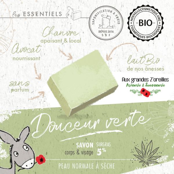Savon bio surgras 5% au lait de nos ânesses et huile de chanvre - Douceur verte