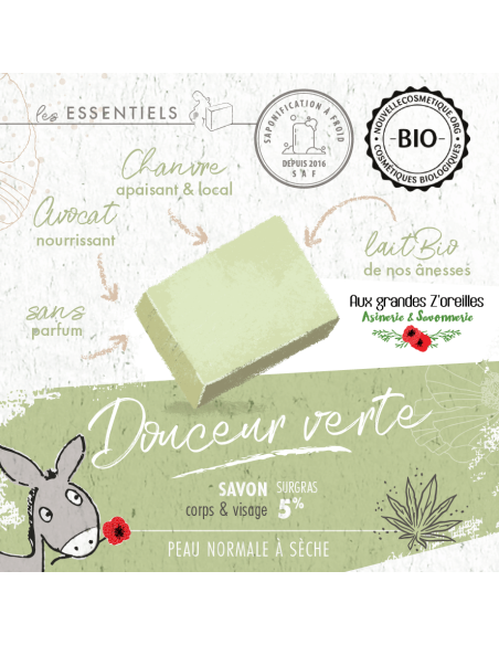 Savon bio surgras 5% au lait de nos ânesses et huile de chanvre - Douceur verte