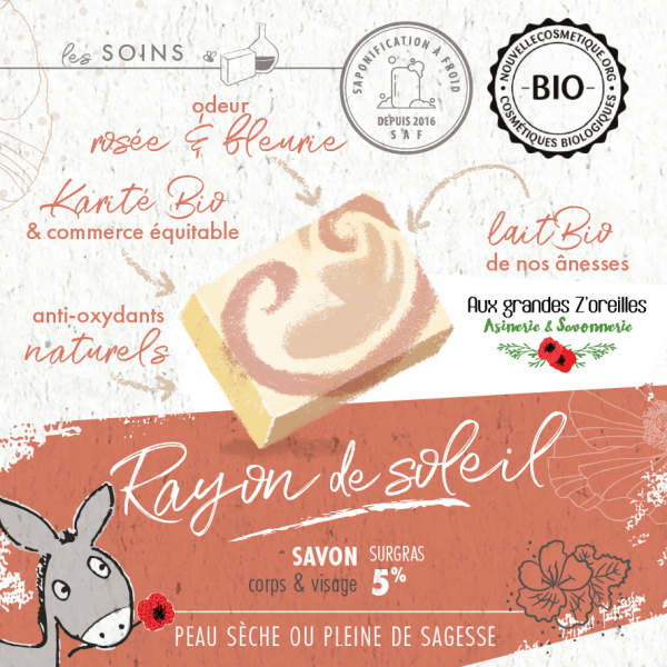 Savon artisanal bio au lait de nos ânesses et géranium rosat - Rayon de soleil