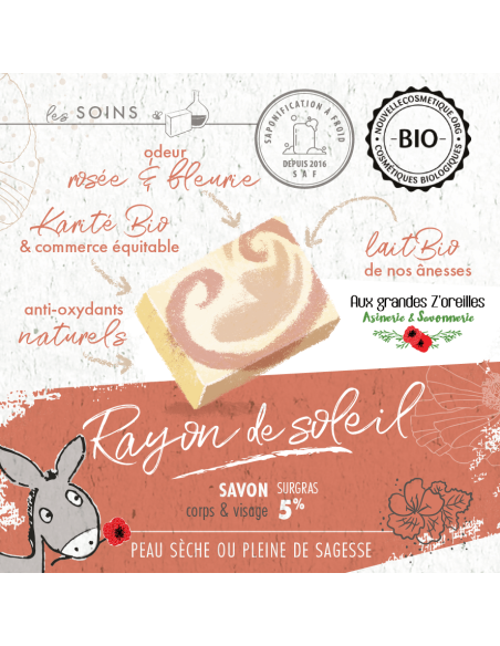 Savon artisanal bio au lait de nos ânesses et géranium rosat - Rayon de soleil