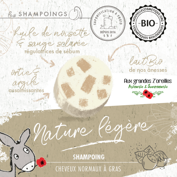 Shampoing solide bio pour cheveux normaux à gras au lait d'ânesse