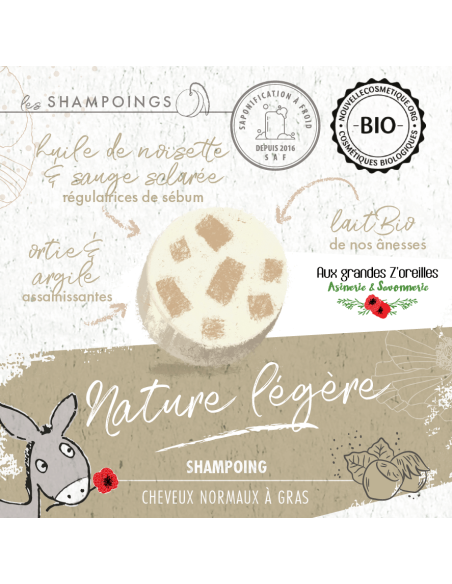 Shampoing solide bio pour cheveux normaux à gras au lait d'ânesse