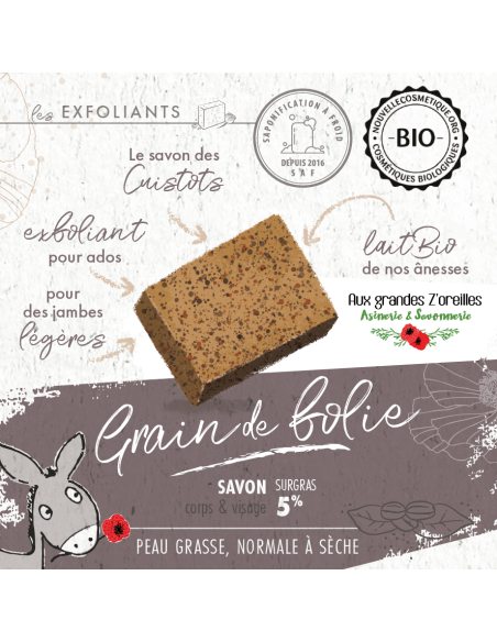 Savon exfoliant bio au lait d'ânesse & marc de café - Grain de folie